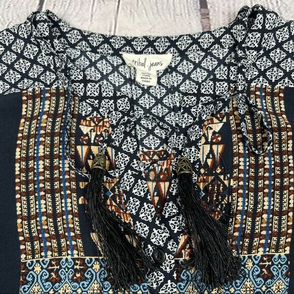 TRIBAL JEANS women's longsleeve top boho mixed print tassel peasant style size S - Picture 4 of 11
